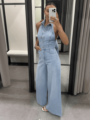 Macacão Jeans Pantalona com Decote Nadador e Bolsos - Jordana