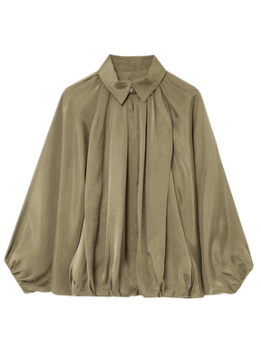 Camisa Acetinada Oversized com Manga Bufante e Zíper Frontal – Milene