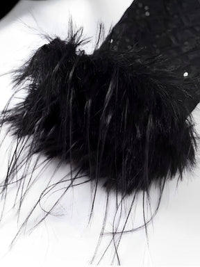 Macacão de Renda com Lantejoulas Plumas e Calça Flare de Veludo - Noir