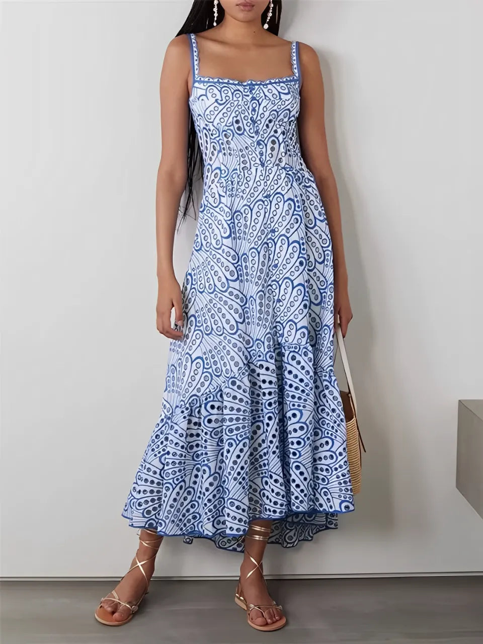 Vestido Midi de Laise com Babados Delicados e Elástico nas Costas – Marina [FRETE FULL]