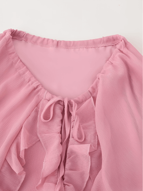Vestido Longo em Chiffon com Babados Decote em V e Mangas Longas  – Amelie