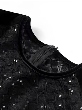 Macacão de Renda com Lantejoulas Plumas e Calça Flare de Veludo - Noir [FRETE FULL]