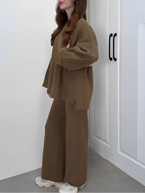 Conjunto Feminino de Tricô Canelado com Suéter Oversized Mullet e Calça com Cintura Alta Elástica - Elis [FRETE FULL]
