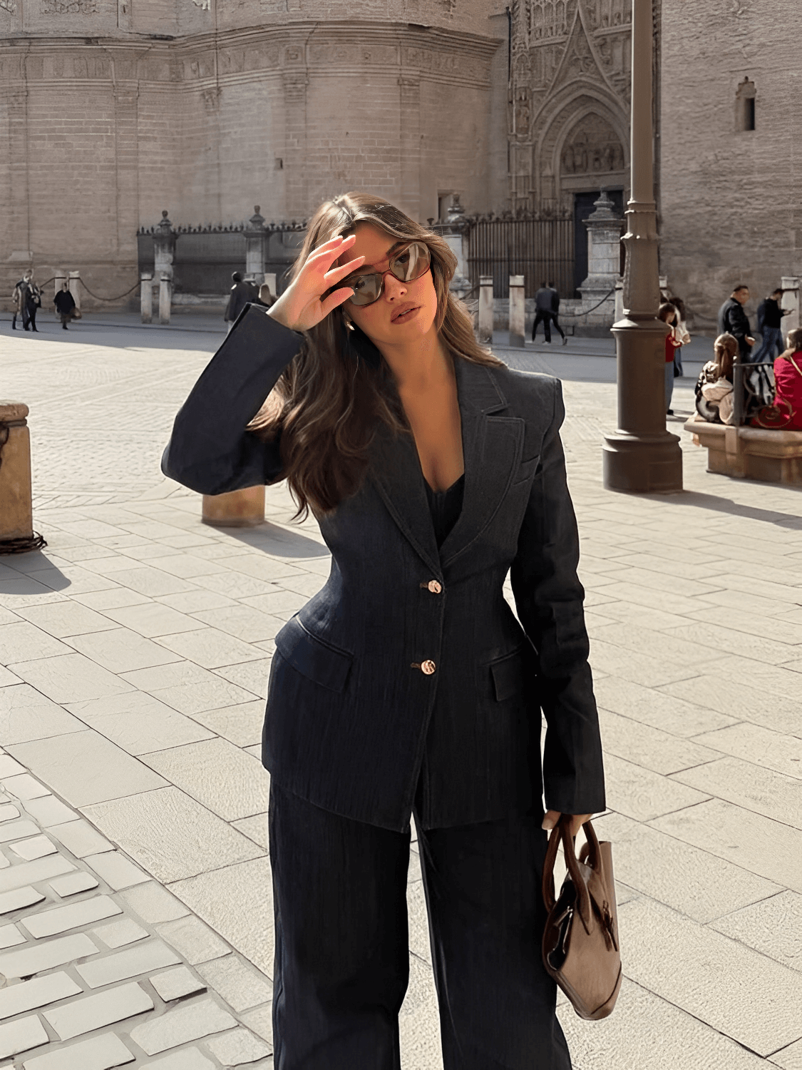 Conjunto Jeans 3 Peças Blazer Corset Peplum e Calça Pantalona - Kendall