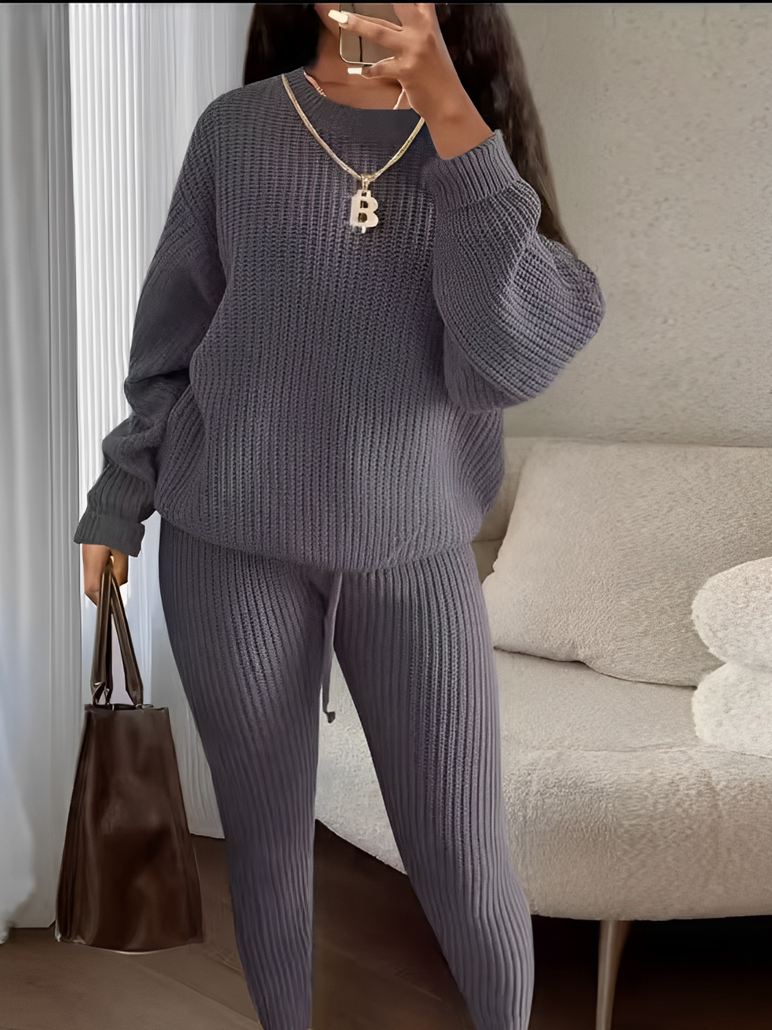 Conjunto de Tricô com Suéter Oversized e Calça Legging Ajustável – Ranya [FRETE FULL]