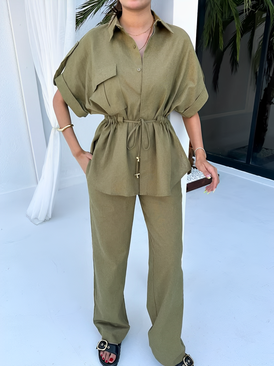 Conjunto com Camisa Oversized Ajustável e Calça Wige Leg - Olga