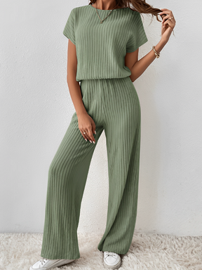 Conjunto Canelado com Blusa Manga Morcego e Calça Pantalona – Maite