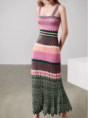 Vestido Longo Estampa em Patchwork de Alças e Decote Quadrado - Malika