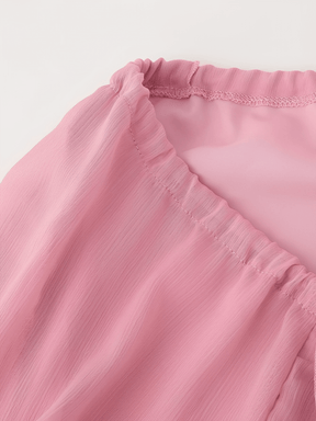 Vestido Longo em Chiffon com Babados Decote em V e Mangas Longas  – Amelie