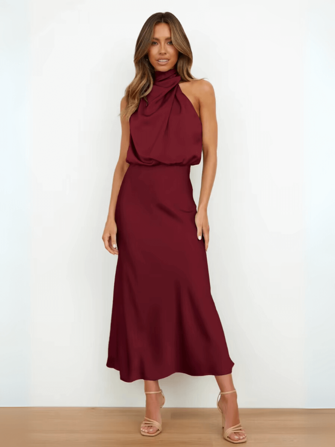 Vestido Midi Acetinado Acinturado com Gola Alta Drapeada Elegante – Rayca [FRETE FULL]