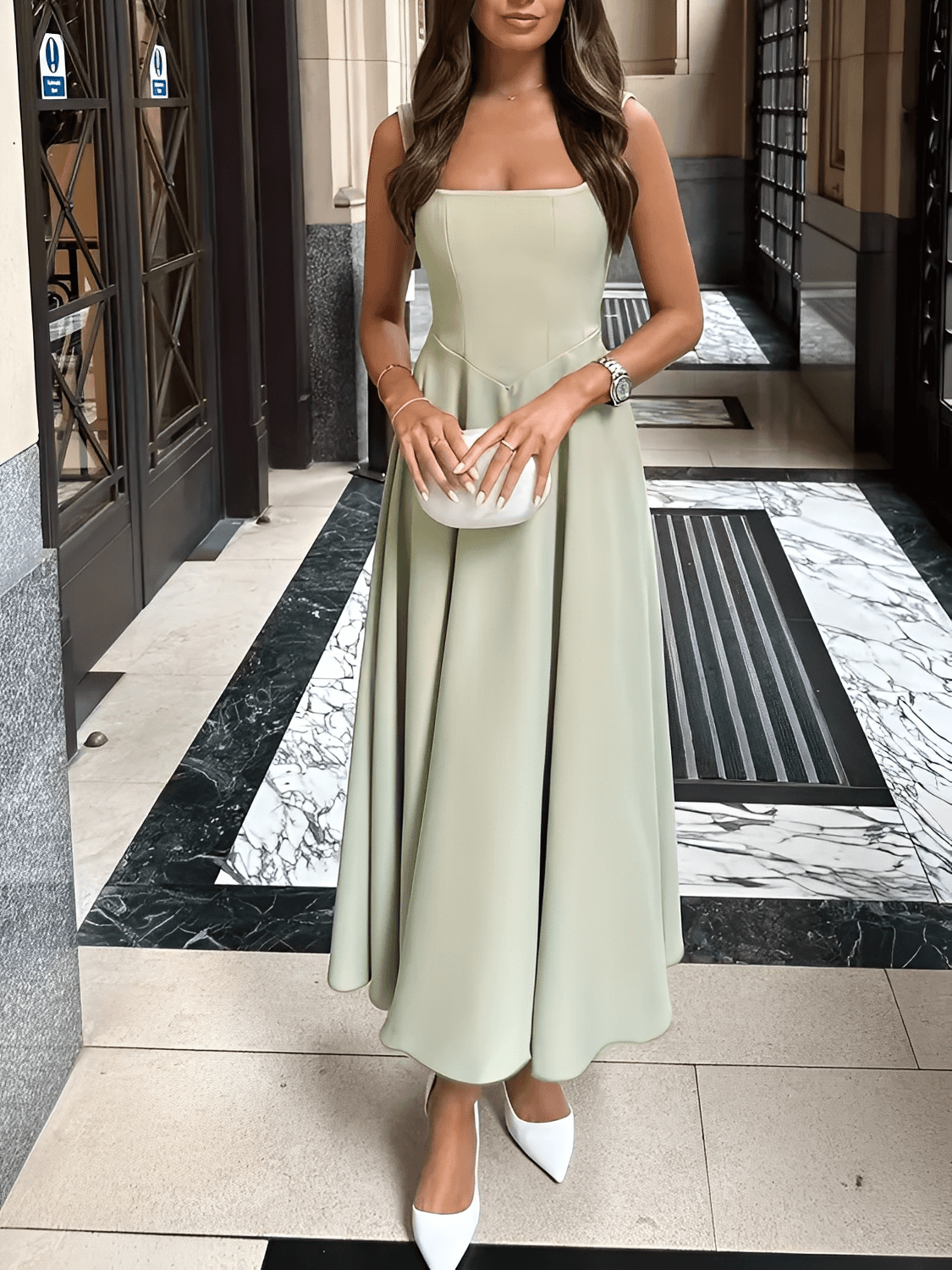 Vestido Longo Evasê com Corset Estruturado e Decote Quadrado - Luciene [FRETE FULL]