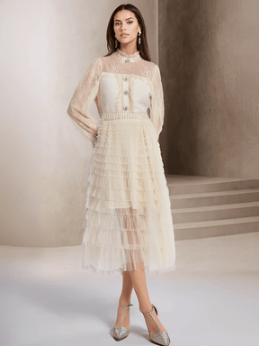Vestido Midi Texturizado em Tweed Renda com Babados e Botões – Claire