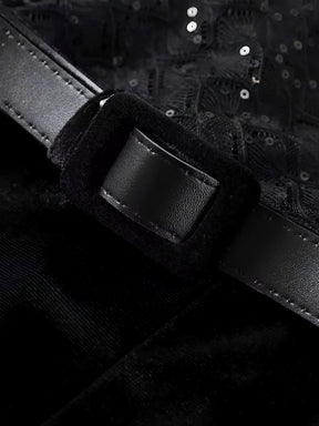 Macacão de Renda com Lantejoulas Plumas e Calça Flare de Veludo - Noir [FRETE FULL]