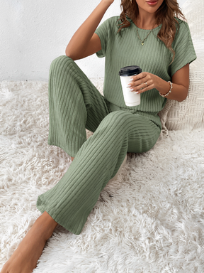 Conjunto Canelado com Blusa Manga Morcego e Calça Pantalona – Maite