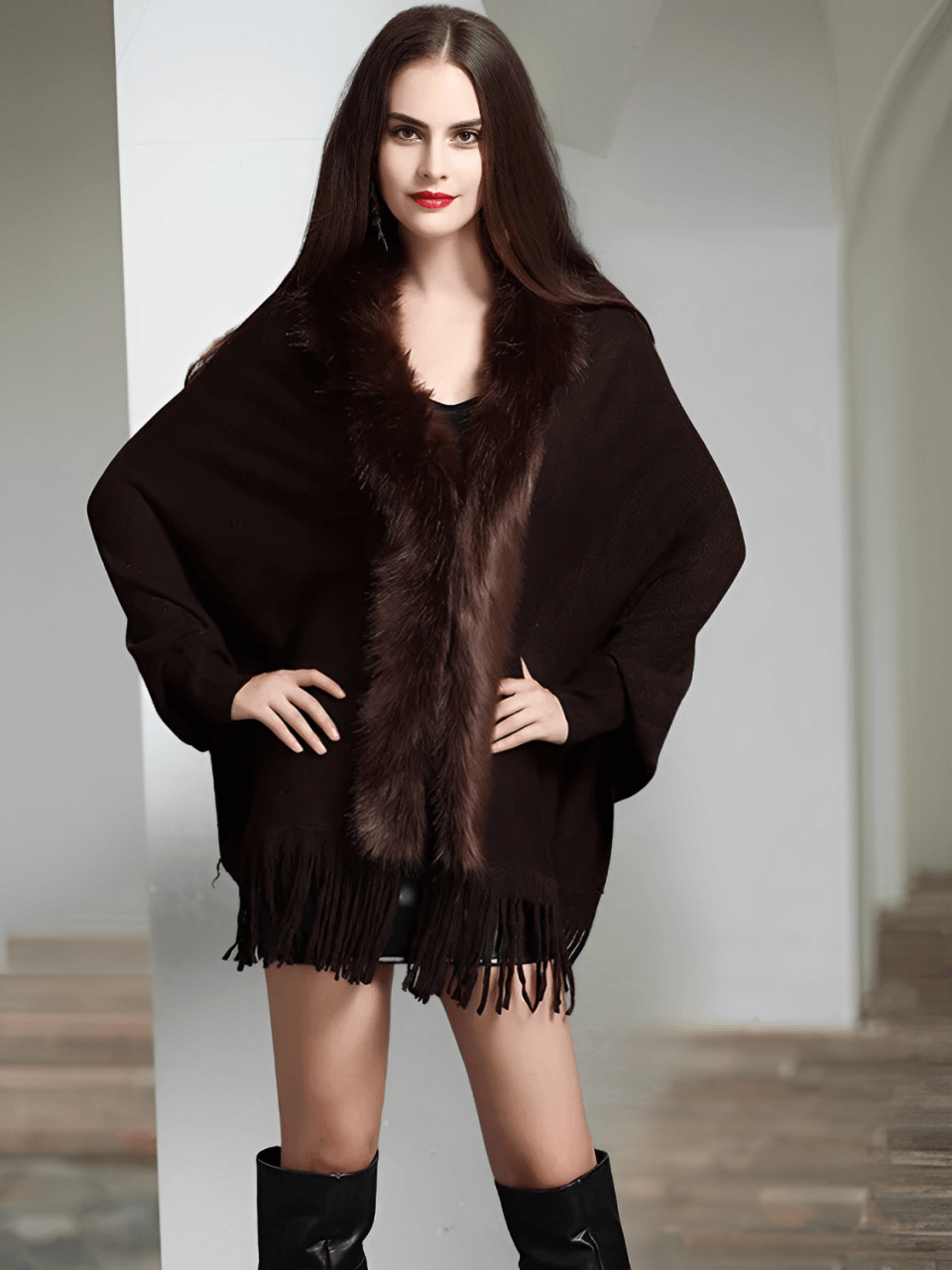 Cardigan de Tricô com Gola Peluciada e Franjas  – Viviane