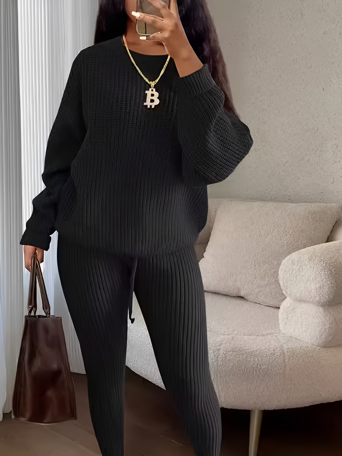 Conjunto de Tricô com Suéter Oversized e Calça Legging Ajustável – Ranya [FRETE FULL]