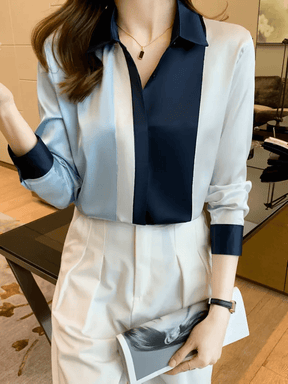 Camisa Acetinada Clássica com Gola Lapela e Punhos Contrastantes - Thaise