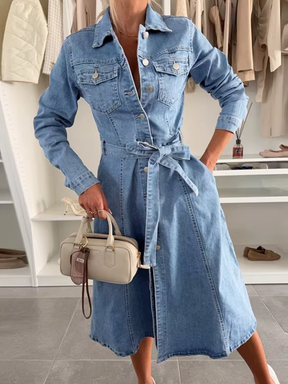 Vestido Jeans Midi Chemise com Gola Polo e Cinto-Faixa - Nadia