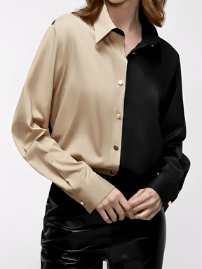 Camisa Acetinada Bicolor com Botões Dourados Elegante – Joyce