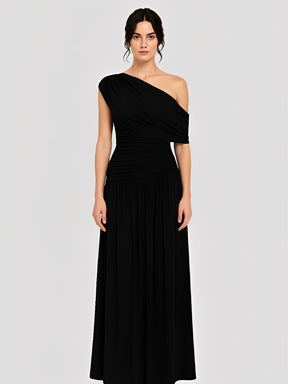 Vestido Longo Plissado Ombro Único Acinturado com Franzidos  – Lunara