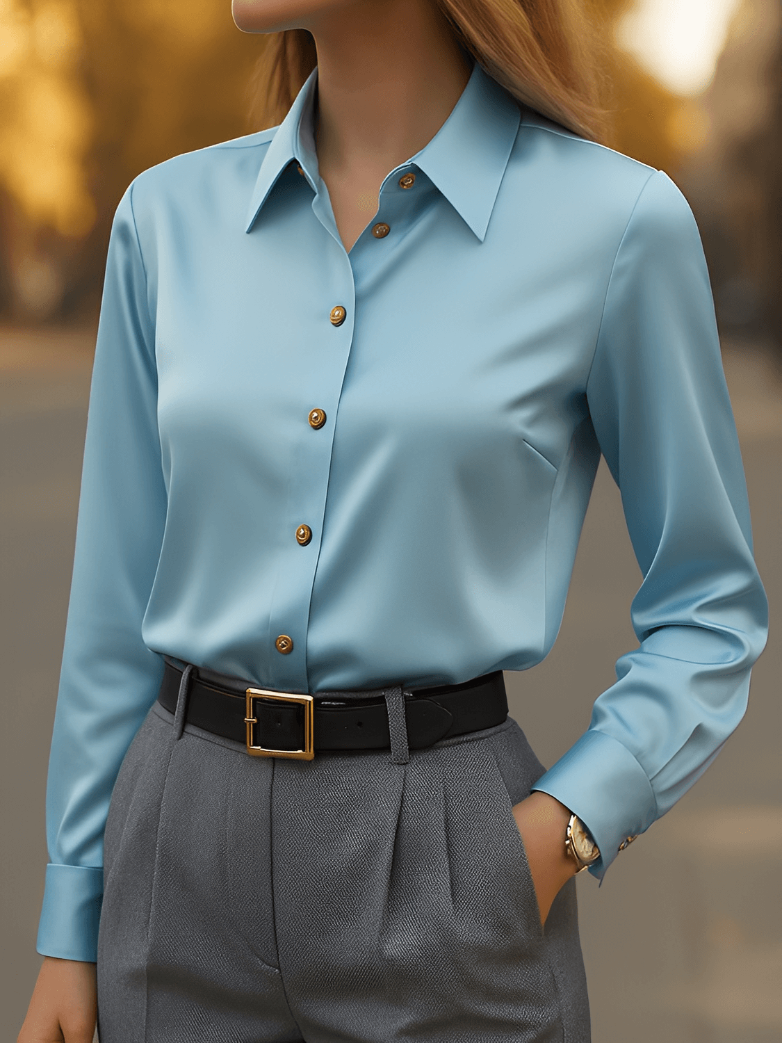 Camisa Semi-Acetinada com Lapela Botões e Punhos Ajustáveis  – Eva