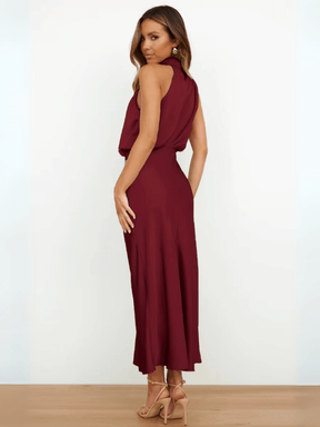 Vestido Midi Acetinado Acinturado com Gola Alta Drapeada Elegante – Rayca [FRETE FULL]