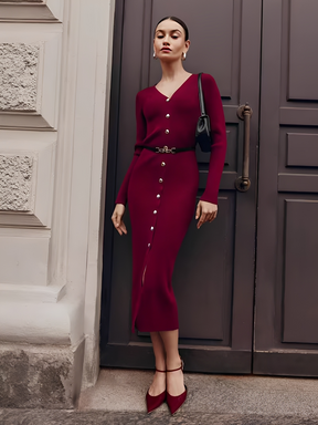 Vestido Midi Canelado Manga Longa com Decote V e Botões Frontais - Iracema