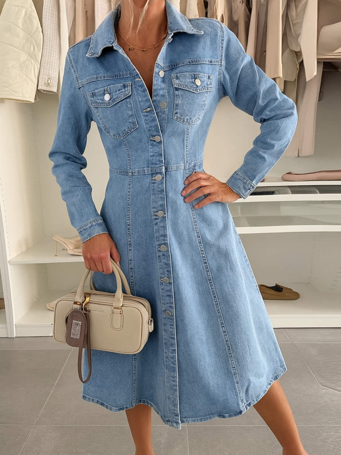 Vestido Jeans Midi Chemise com Gola Polo e Cinto-Faixa - Nadia