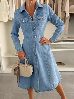 Vestido Jeans Midi Chemise com Gola Polo e Cinto-Faixa - Nadia
