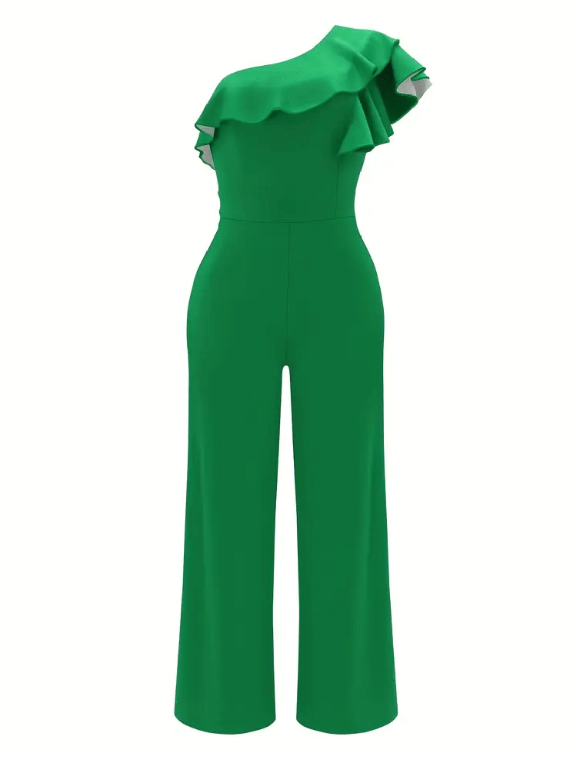 Macacão Pantalona com Decote Assimétrico e Babado no Ombro – Priscila