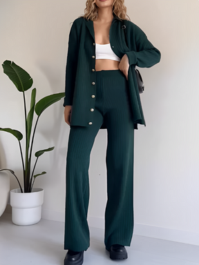 Conjunto Canelado com Camisa Alongada de Botões e Calça Reta – Camila