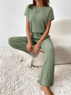 Conjunto Canelado com Blusa Manga Morcego e Calça Pantalona – Maite