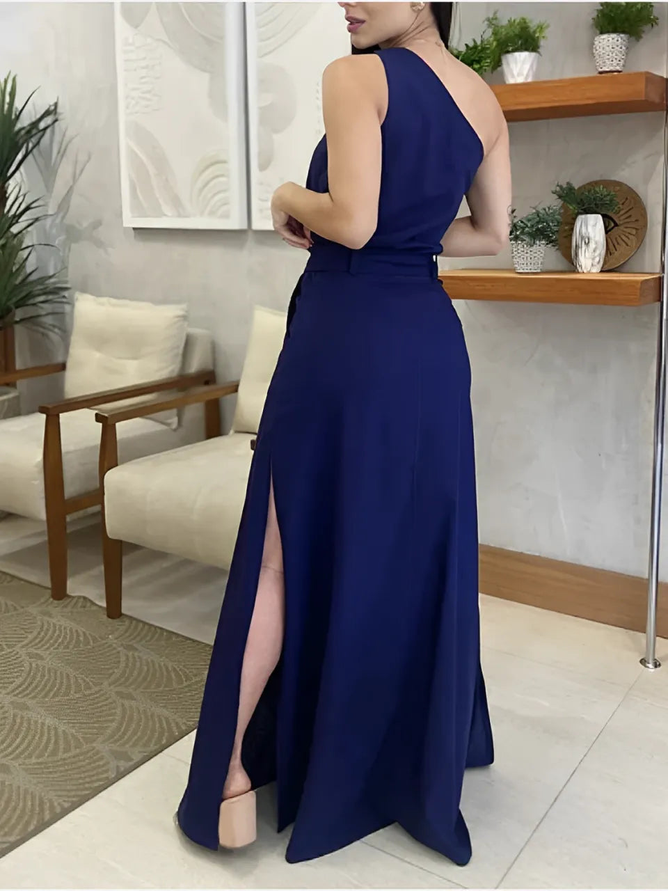 Conjunto com Blusa de Ombro Único e Saia Longa de com Amarração - Malena