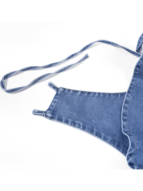 Macacão Jeans com Ombros de Babados Amarração e Decote nas Costas - Poliana