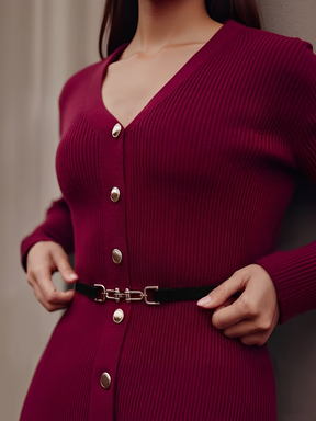 Vestido Midi Canelado Manga Longa com Decote V e Botões Frontais - Iracema