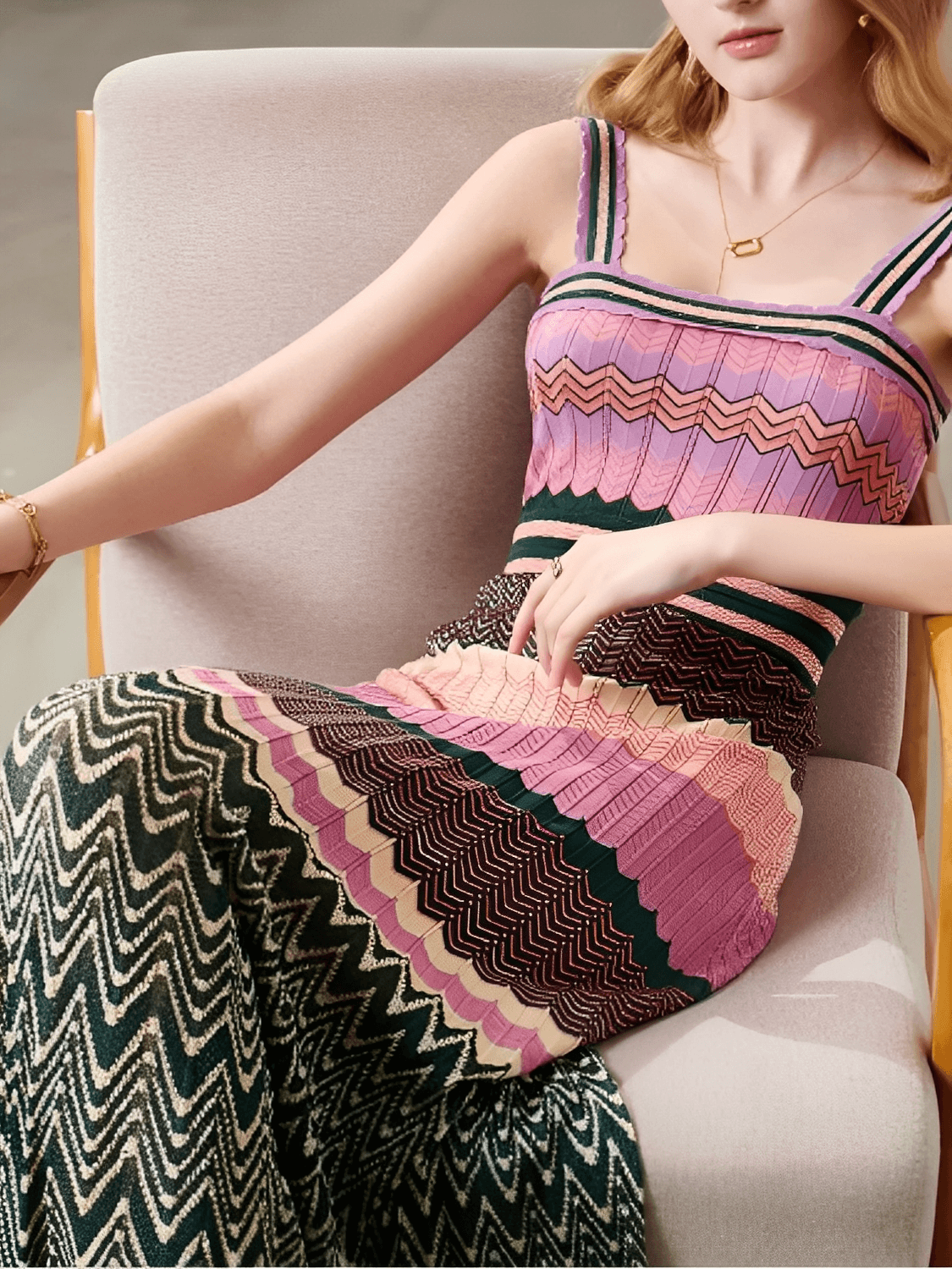 Vestido Longo Estampa em Patchwork de Alças e Decote Quadrado - Malika