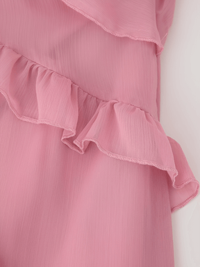 Vestido Longo em Chiffon com Babados Decote em V e Mangas Longas  – Amelie