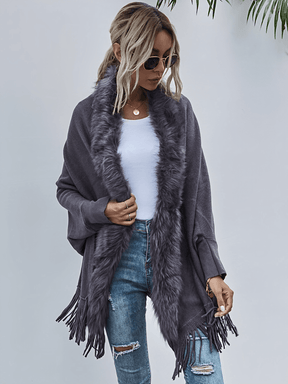 Cardigan de Tricô com Gola Peluciada e Franjas  – Viviane