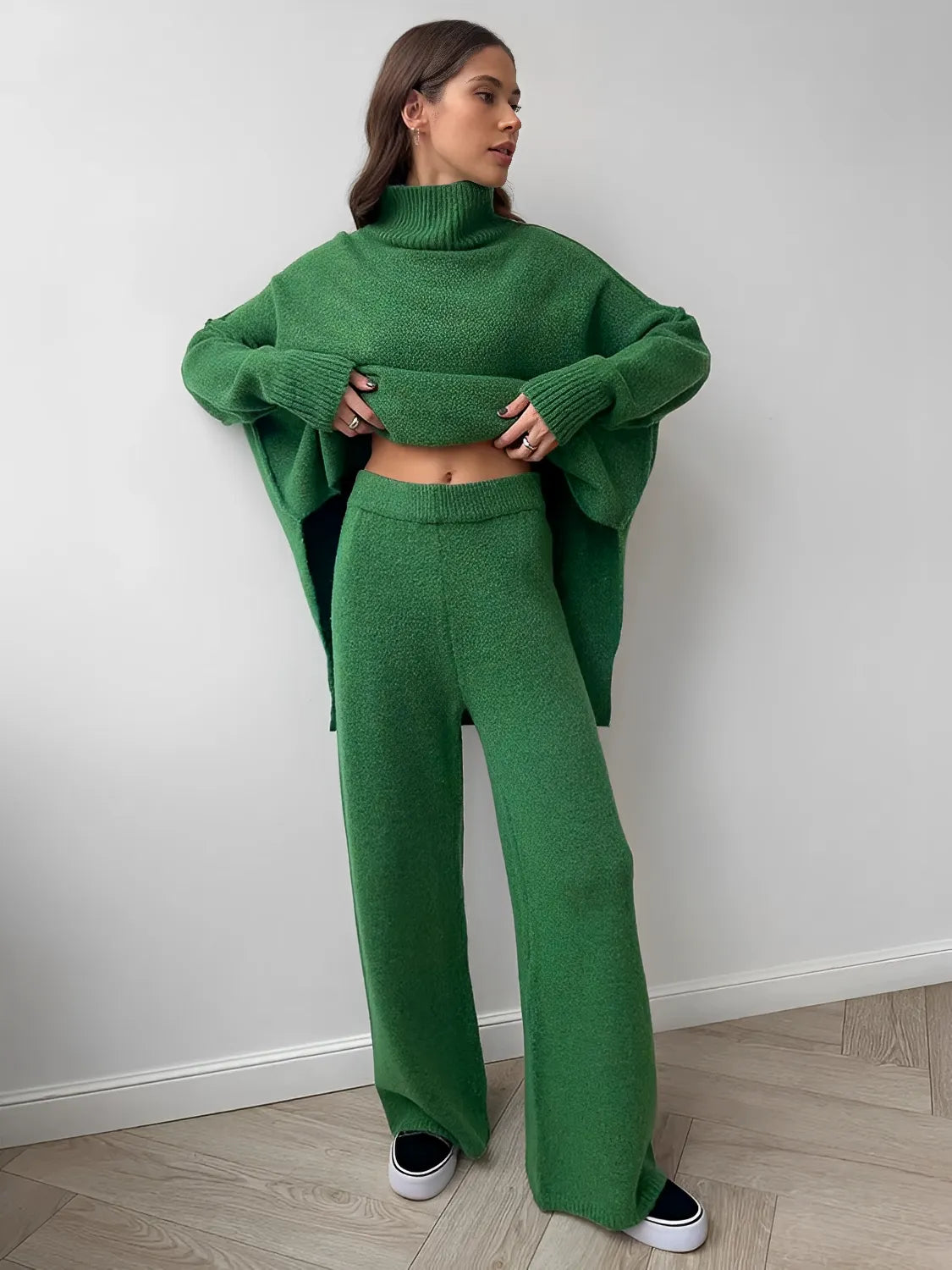 Conjunto de Tricô com Suéter Mullet Gola Alta e Calça Pantalona - Melanie
