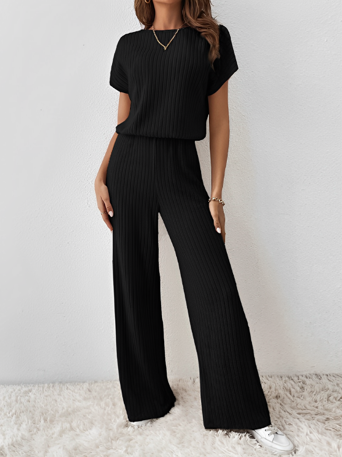 Conjunto Canelado com Blusa Manga Morcego e Calça Pantalona – Maite