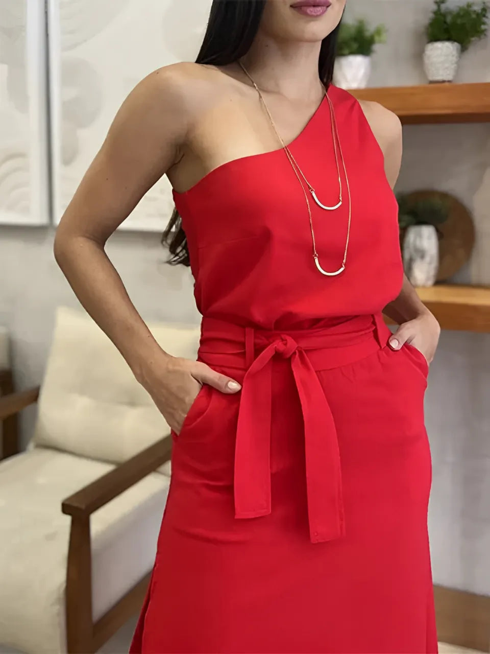 Conjunto com Blusa de Ombro Único e Saia Longa de com Amarração - Malena [FRETE FULL]