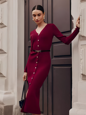 Vestido Midi Canelado Manga Longa com Decote V e Botões Frontais - Iracema