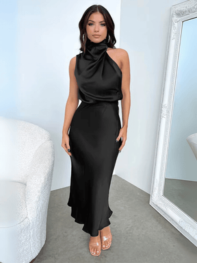 Vestido Midi Acetinado Acinturado com Gola Alta Drapeada Elegante – Rayca [FRETE FULL]