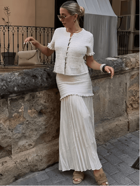 Conjunto Tweed de Blusa com Bolsos e Saia Longa com Duas Camadas - Suiany