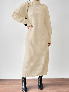 Vestido Suéter Midi em Tricô Canelado com Gola Alta e Mangas Longas - Julieta