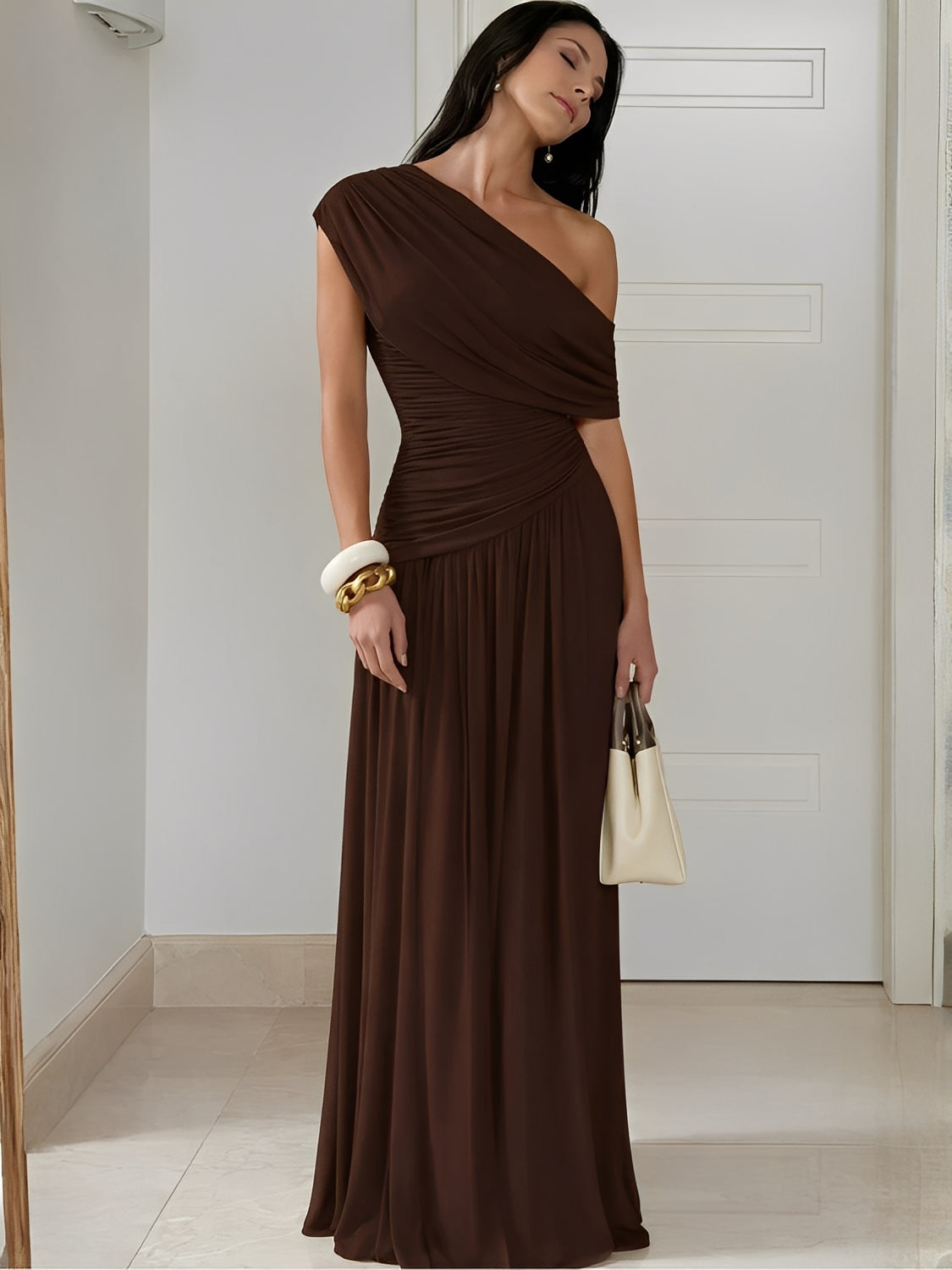 Vestido Longo Plissado Ombro Único Acinturado com Franzidos  – Lunara [FRETE FULL]