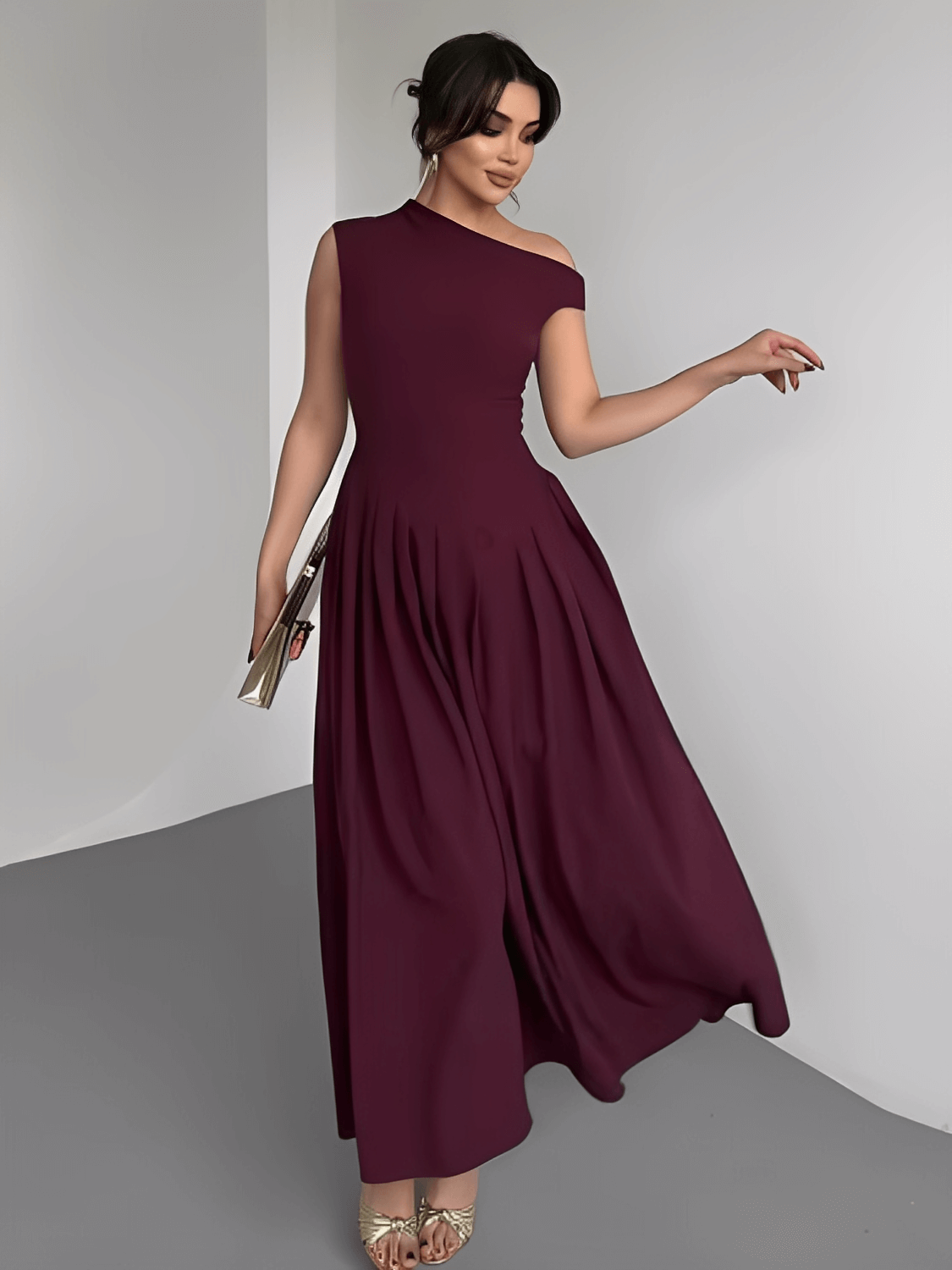 Vestido Maxi com Ombro Assimétrico e Saia Plissada Sofisticada – Luana [FRETE FULL]