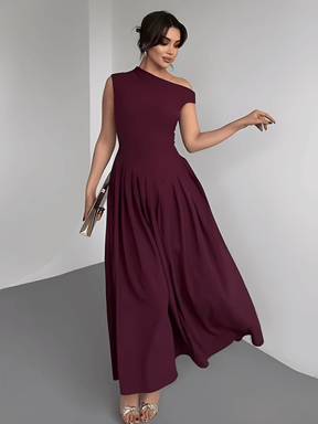 Vestido Maxi com Ombro Assimétrico e Saia Plissada Sofisticada – Luana [FRETE FULL]