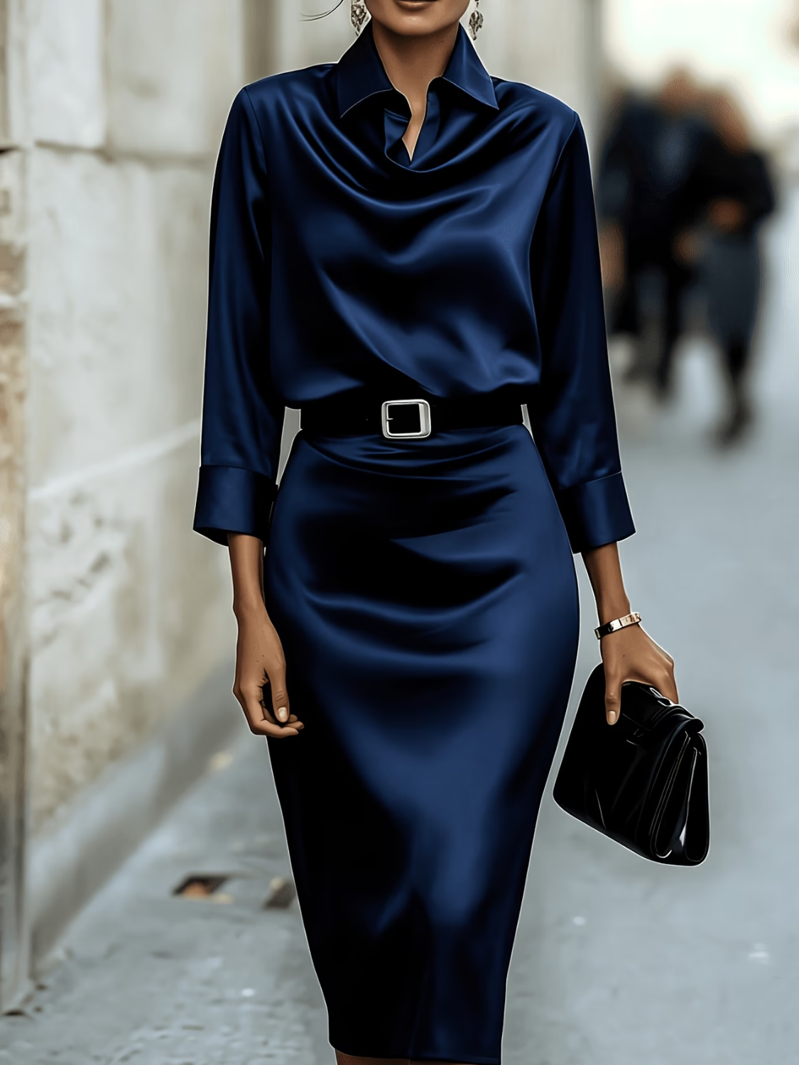 Vestido Midi Acetinado com Gola Camisa e Saia Lápis Elegante- Lavinia