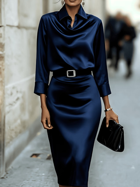 Vestido Midi Acetinado com Gola Camisa e Saia Lápis Elegante- Lavinia